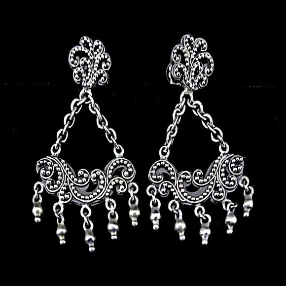 LOIS HILL Sterling Silver Chandelier Clip On Oxidized Granulated Accent Earrings - Picture 2 of 2